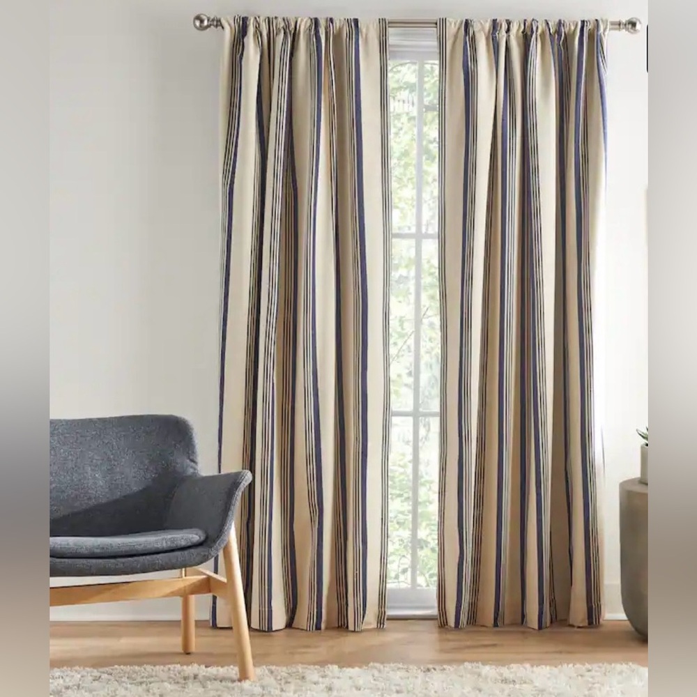 Tommy Hilfiger Neutral Stripe Curtain Panels in Cream, Brown & Blue - Picture 2 of 11